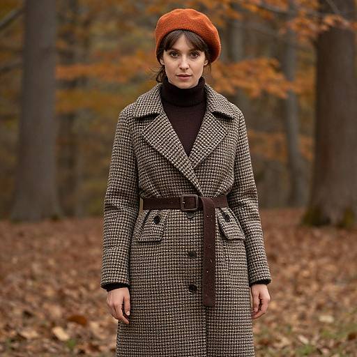Photograph of a woman with fair skin, dark hair, and brown eyes, wearing a herringbone coat, brown belt, black turtleneck