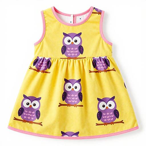 Bright yellow children's dress with pink trim, featuring six purple cartoon owls perched on brown branches, digitally illustrated.