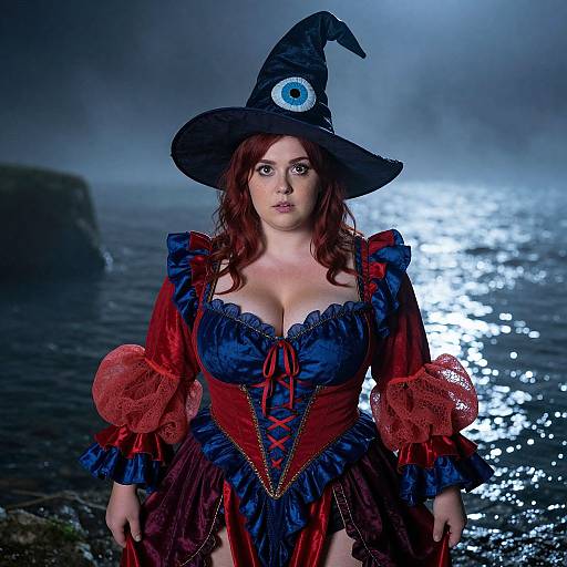 Photograph of a fair-skinned, red-haired woman in a blue and red witch costume with large hat and eye emblem, standing by a shimmering