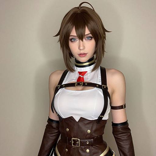 Digital artwork of a young woman with short brown hair, blue eyes, and fair skin, wearing a black leather and white harness outfit with a red ribbon