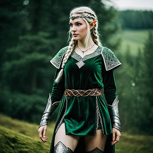 Elf Woman in Green Velvet Tunic with Silver Armor