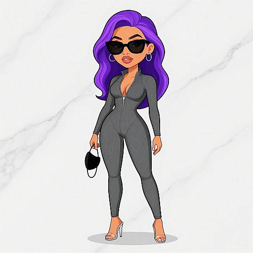 Digital drawing of a confident woman with purple hair, wearing black sunglasses, a tight gray jumpsuit, white high heels, and holding a black clutch.