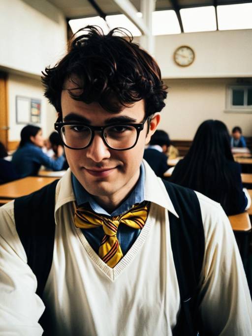 Young Man in Nerd Costume at School