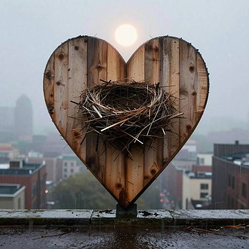 Wooden Heart and Bird's Nest in Rain