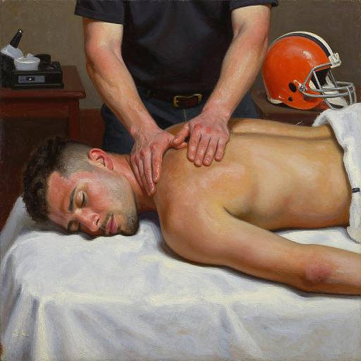Photograph of a shirtless man with short brown hair receiving a massage from a male therapist in a dark shirt, with an orange football helmet on a