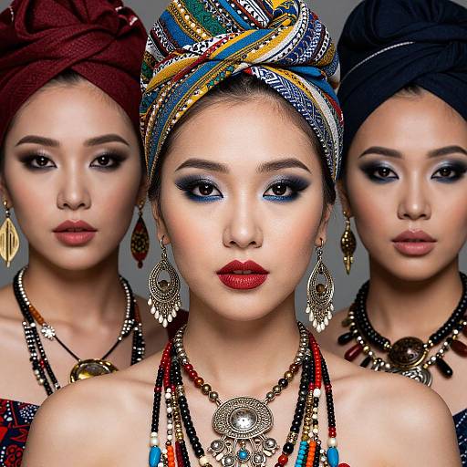 Photograph of three Asian women with vibrant, patterned headwraps, dramatic eye makeup, and elaborate jewelry, featuring rich red, blue, and