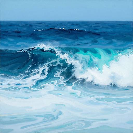 Photograph of vibrant ocean waves with deep blue water and bright white foam, under a clear, light blue sky.