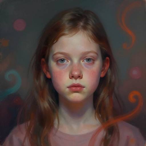 Digital portrait of a young girl with fair skin, brown hair, blue eyes, and pink lips, set against a dark, swirling background with red and