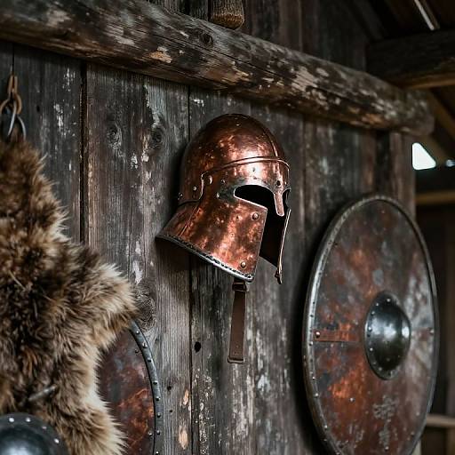Viking Helmet in Rustic Longhouse