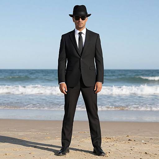 Photograph of a man in a black suit, white shirt, black tie, and black fedora, standing on a beach with ocean waves and clear