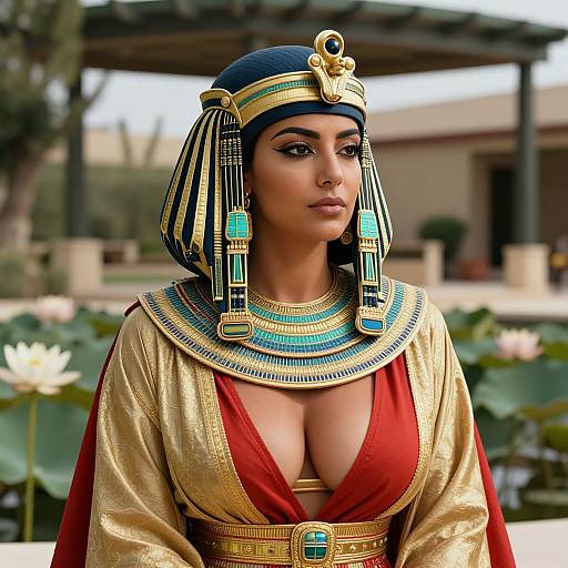 Digital artwork of an Egyptian woman with dark skin, large breasts, wearing a red and gold robe, blue striped headdress, and elaborate turquoise and gold
