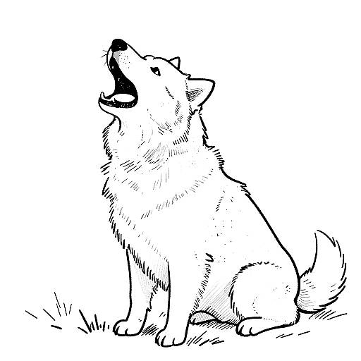 Black-and-white line drawing of a howling wolf sitting on grass, mouth open, head tilted upwards, eyes closed, and tail curled.