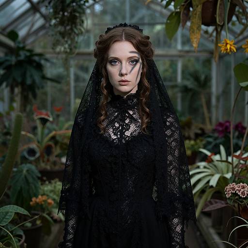 Photograph-like digital artwork of a pale-skinned, blue-eyed woman with wavy brown hair, wearing a black lace veil and dress, standing in