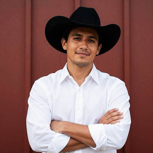 Cowboy Style Portrait Against Red Wall