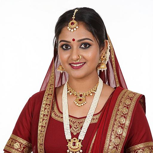 Photograph of an Indian bride in a red and gold traditional outfit, adorned with intricate jewelry, including a headpiece, necklace, earrings, and nose