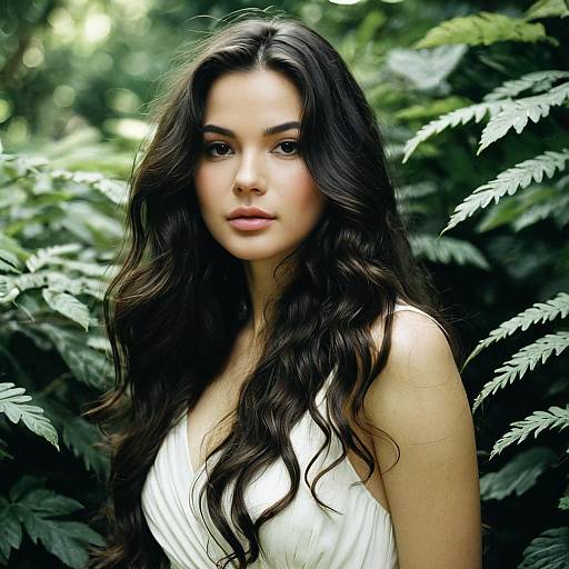 Photograph of a beautiful young woman with long, wavy black hair, wearing a white dress, standing amidst lush green ferns.