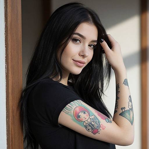 Photograph of a young woman with long black hair, light skin, and tattoos, wearing a black shirt, standing in a sunlit doorway, smiling
