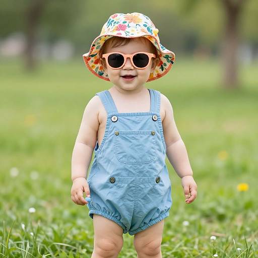 Cute toddler in blue overalls, colorful bucket hat, and large pink sunglasses, smiling on green grass in a sunny park.