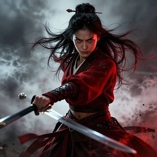 Digital art of fierce Asian warrior woman with long black hair, red kimono, gripping dual swords, intense expression, smoky red and gray background.