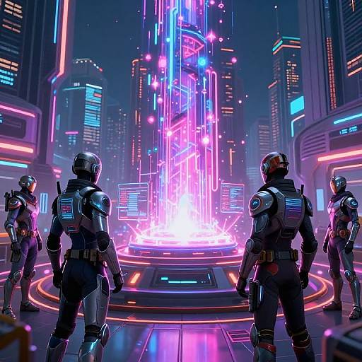 Neon-lit futuristic cityscape; three armored soldiers in helmets face vibrant, glowing central structure; cyberpunk style, digital art.