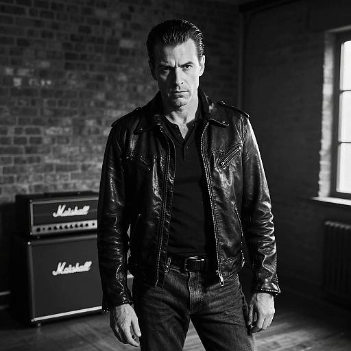 Black-and-white photograph of a serious, muscular man with slicked-back hair, wearing a leather jacket and black shirt, standing in a dimly lit
