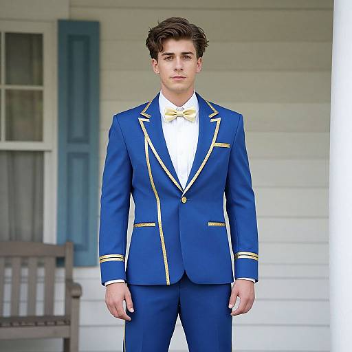 Photograph of a young, fair-skinned man with brown hair, wearing a blue and gold tuxedo with a bow tie, standing in front