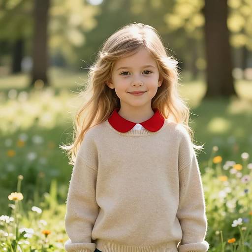 Photograph of a young, smiling girl with light brown hair, wearing a beige sweater with a red Peter Pan collar, standing in a sunlit,