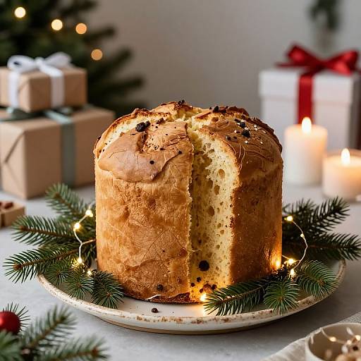 Photograph of a golden-brown, Christmas-themed, fruit-studded bread cake on a white plate with pine branches, surrounded by candles and wrapped gifts