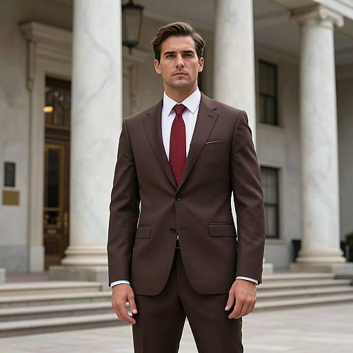 Photograph of a handsome, serious-looking man in a dark brown suit with a white shirt and red tie, standing in front of a classical building with