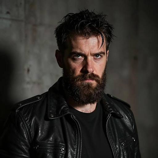 Intense Bearded Man in Leather Jacket