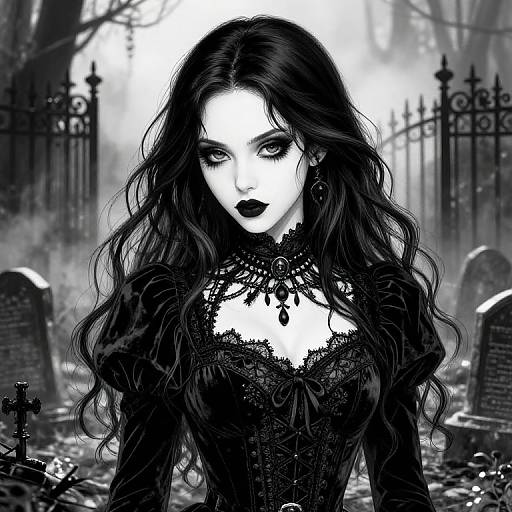 Digital gothic artwork of a pale, dark-haired woman with black lace corset, intense eyes, and black lipstick, standing in a cemetery with tomb