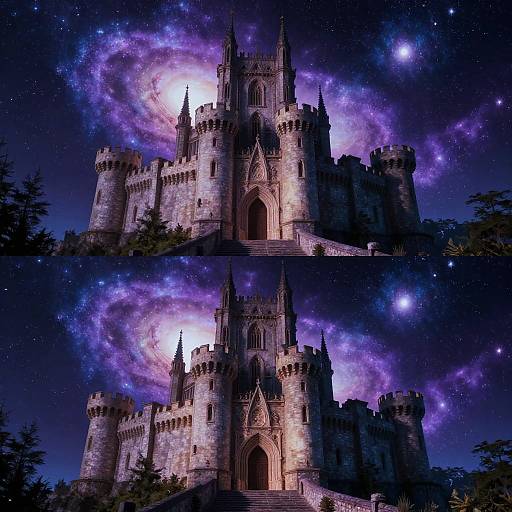 Medieval Castle with Cosmic Galaxy Background