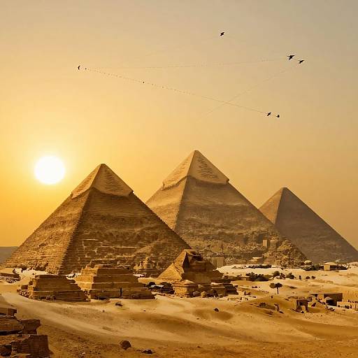 Photograph of three ancient pyramids at Giza during sunset, with a golden sky, scattered birds, and sandy foreground ruins.