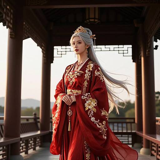 Woman in Traditional Red and Gold Gown on Balcony