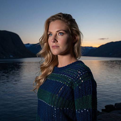 Photograph of a blonde woman with wavy hair in a dark blue, sequin-patterned sweater, standing by a calm lake at twilight, with