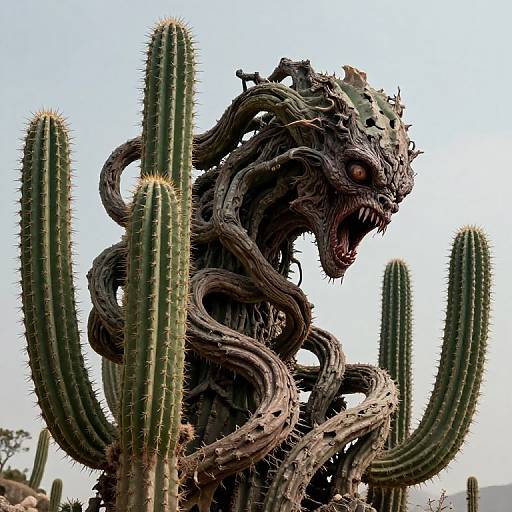 Photograph of a terrifying, twisted, serpent-like monster sculpture with a dark, jagged face and sharp teeth, surrounded by tall, green cactus