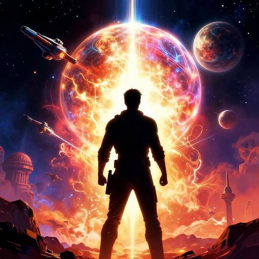 Silhouetted figure with gun standing before a fiery, colorful explosion in space, surrounded by planets, spaceships, and futuristic structures. Digital art