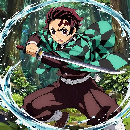 Anime-style digital drawing of a determined, red-haired male ninja in a green-black checkered scarf, holding a sword, surrounded by swirling water in a