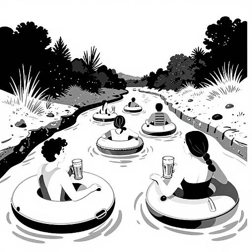 Black-and-white illustration of people relaxing in floating circular pods along a winding waterway, surrounded by dense trees and grass.