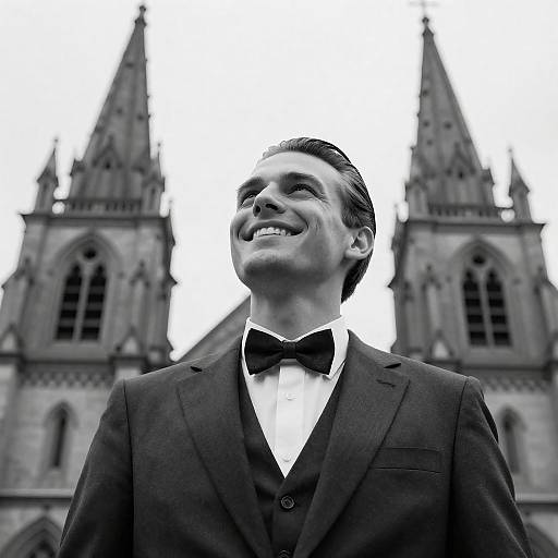 Intense Smiling Man with Gothic Background