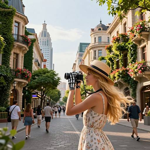 Photograph of a blonde woman in a floral sundress and straw hat, holding a camera, standing on a sunlit, flower-adorned European