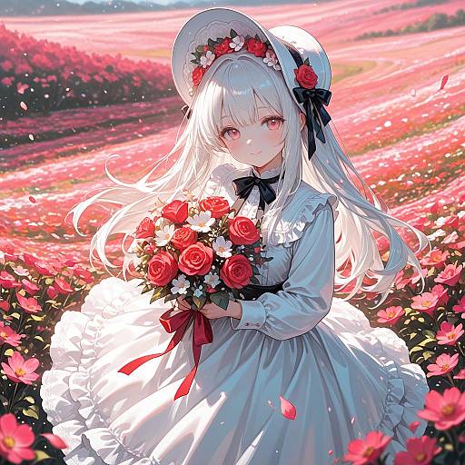 Elegant White-Haired Girl in Floral Field