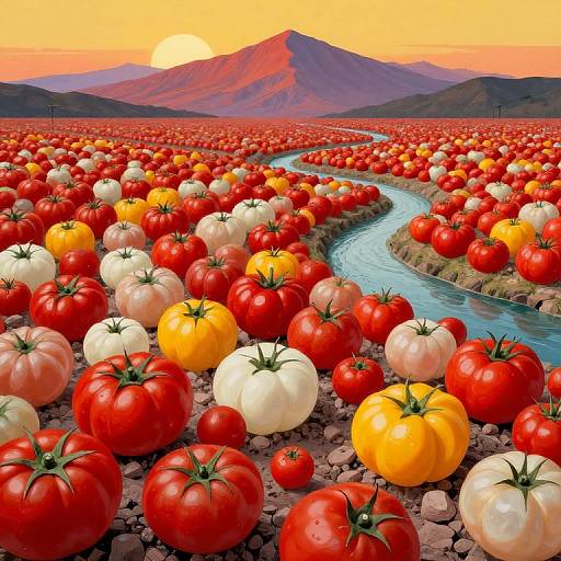 Vibrant digital artwork of a vast tomato field with red, yellow, and white tomatoes, a winding blue river, and a mountainous sunset backdrop
