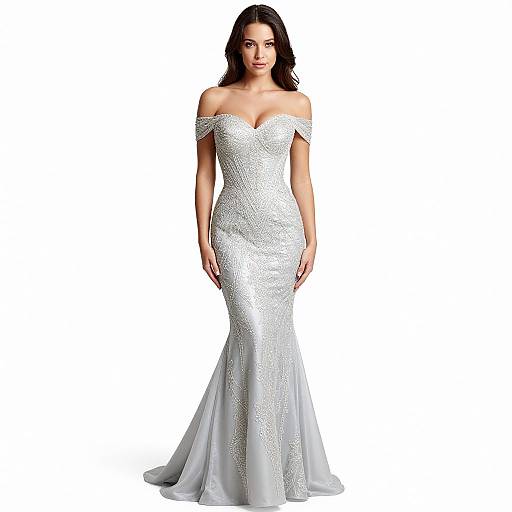 Photograph of a confident woman with dark hair, wearing an off-the-shoulder, silver sequined mermaid-style wedding gown, standing against a