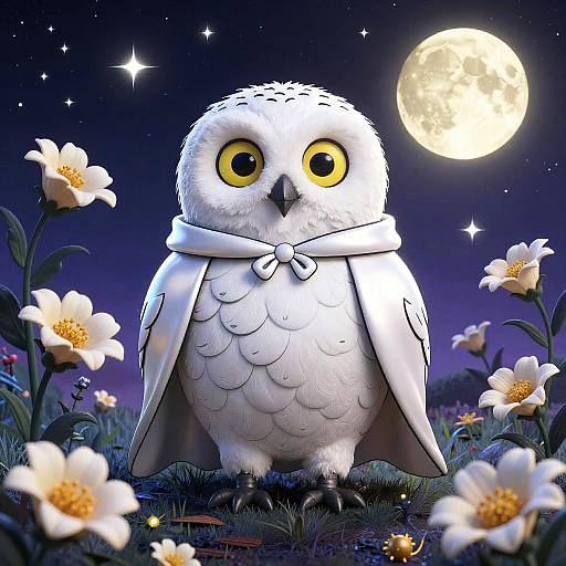 Cute, cartoon-style white owl with large yellow eyes wears a white cape, standing in a moonlit flower field under a glowing full moon.