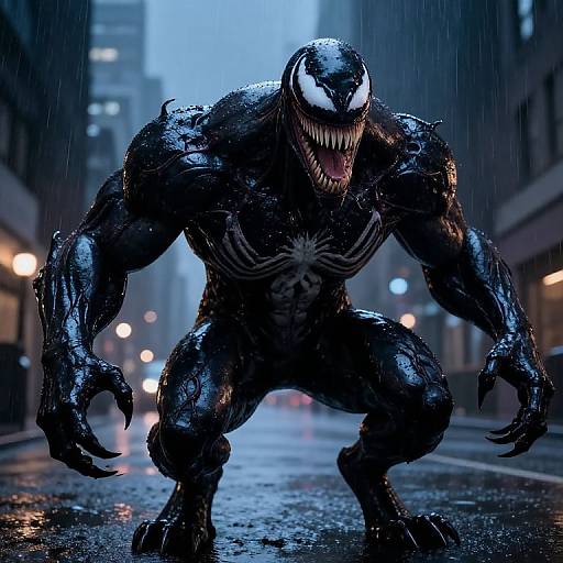 Photorealistic CGI of Venom in a rainy urban street at night, muscles glistening, large white-toothed grin, black symbiote skin