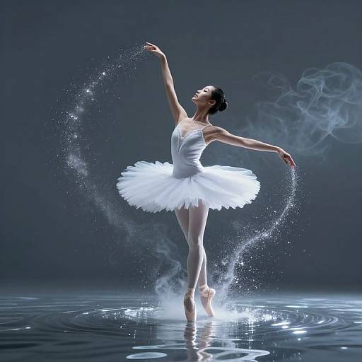 Photograph of a graceful ballerina in a white tutu, standing in water, arms raised, creating a sparkling mist, with a dark,