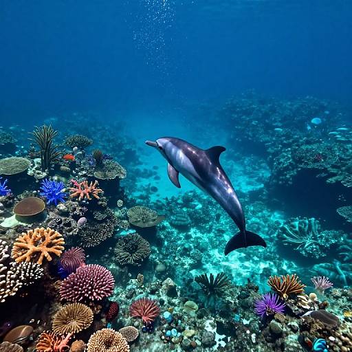 Photograph of a sleek, gray dolphin swimming gracefully above a vibrant, colorful coral reef in a deep, blue ocean.