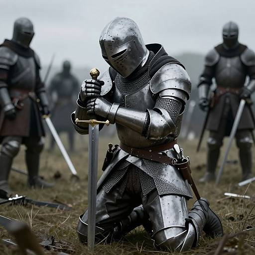 Photograph of a medieval knight in silver armor kneeling, gripping a sword hilt, with three blurred armored figures in the background. Grass field, over