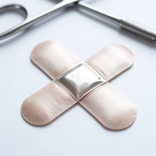 Close-up photograph of a single metallic bandage with a shiny center, crossed over itself, against a white background with a blurred black-and-silver pen